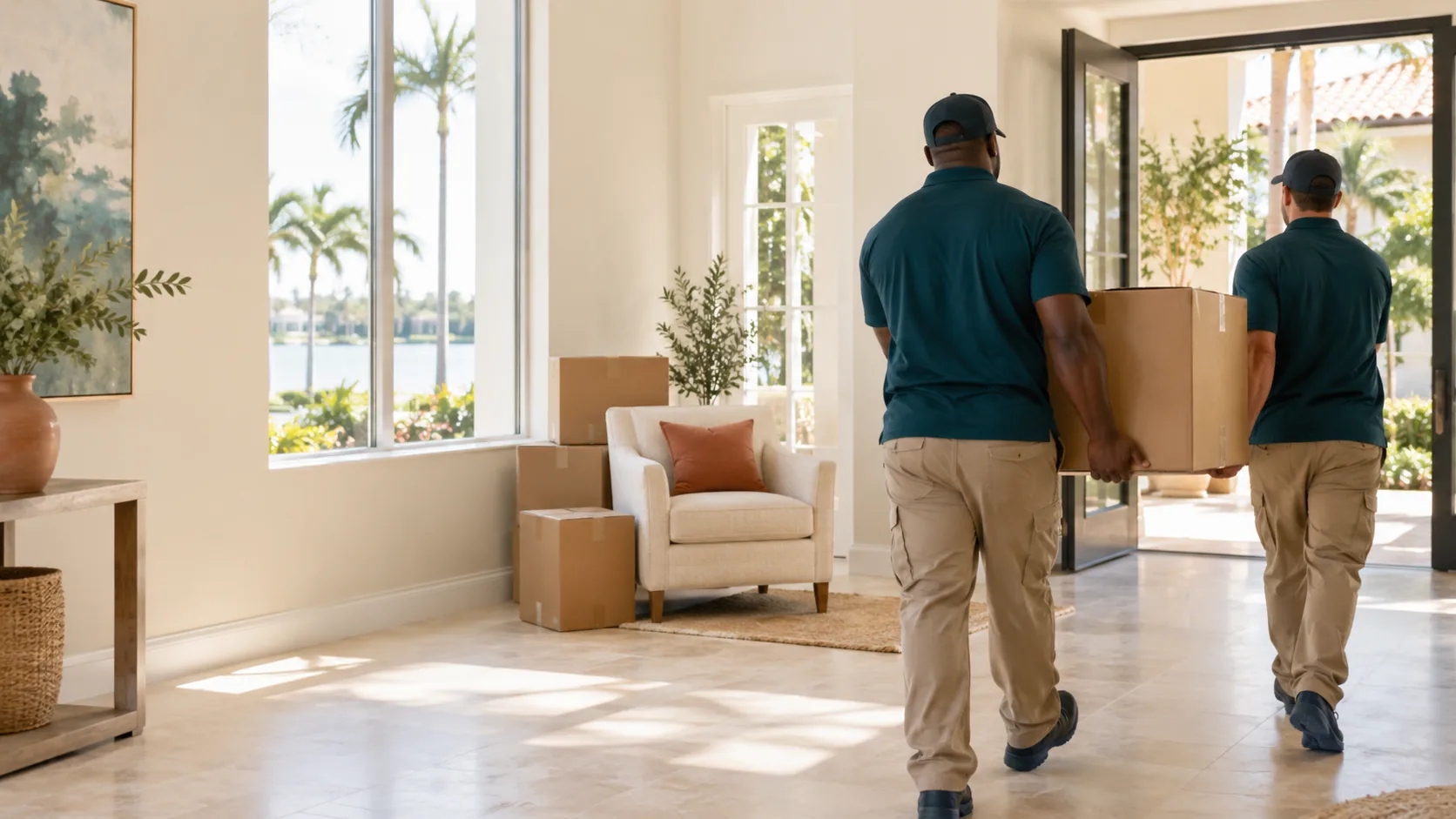 Cleanout workers carrying a box toward an open doorway